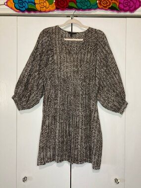 Banana Republic Small Brown White Abstract Print Gauzy 3/4 Sleeve Summer Dress